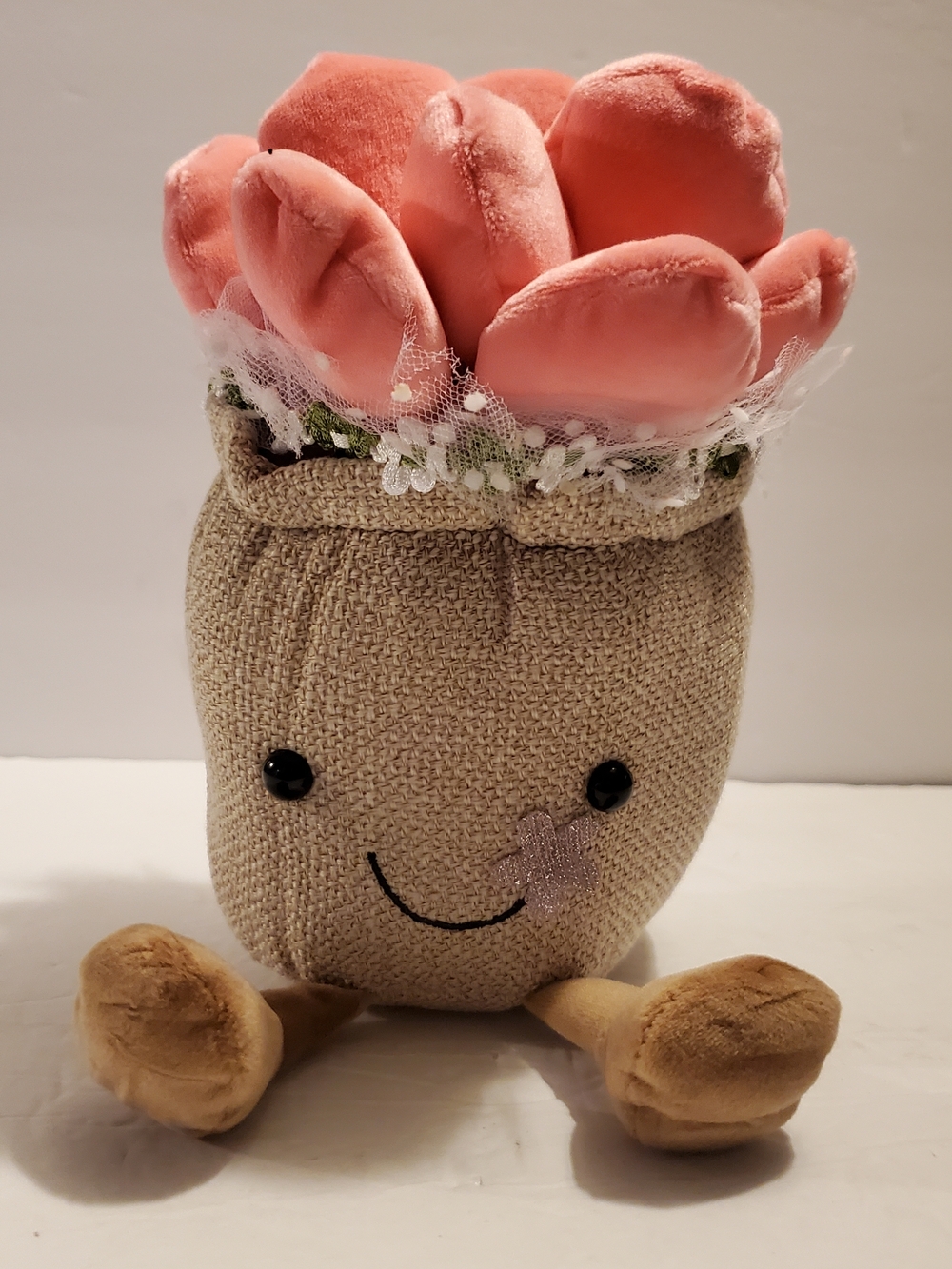 Medium Plush Flower Pot Stuffed Plant Toy w/ Pink Flowers, Beige, 14-24 in